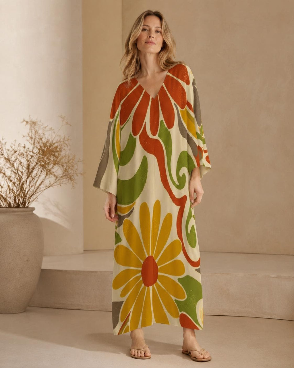 Retro Floral Kaftan Dress | 70s Boho Resort Maxi Dress