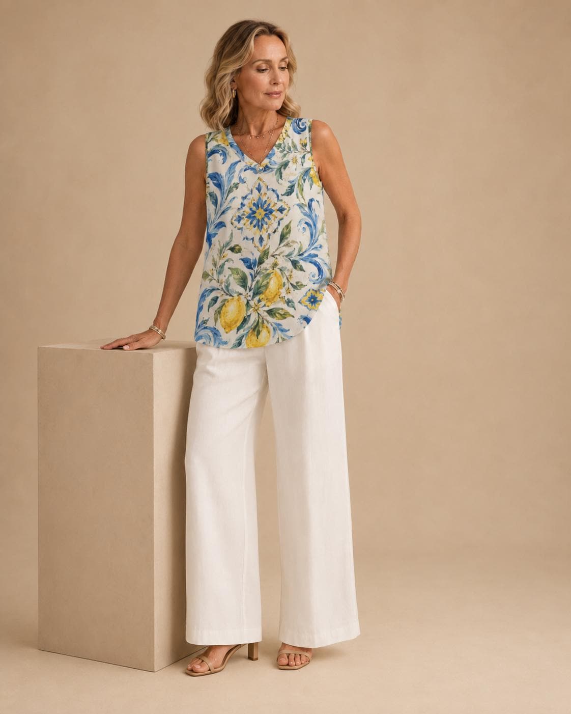 Mediterranean Lemon V-Neck Top | Amalfi Sleeveless Blouse