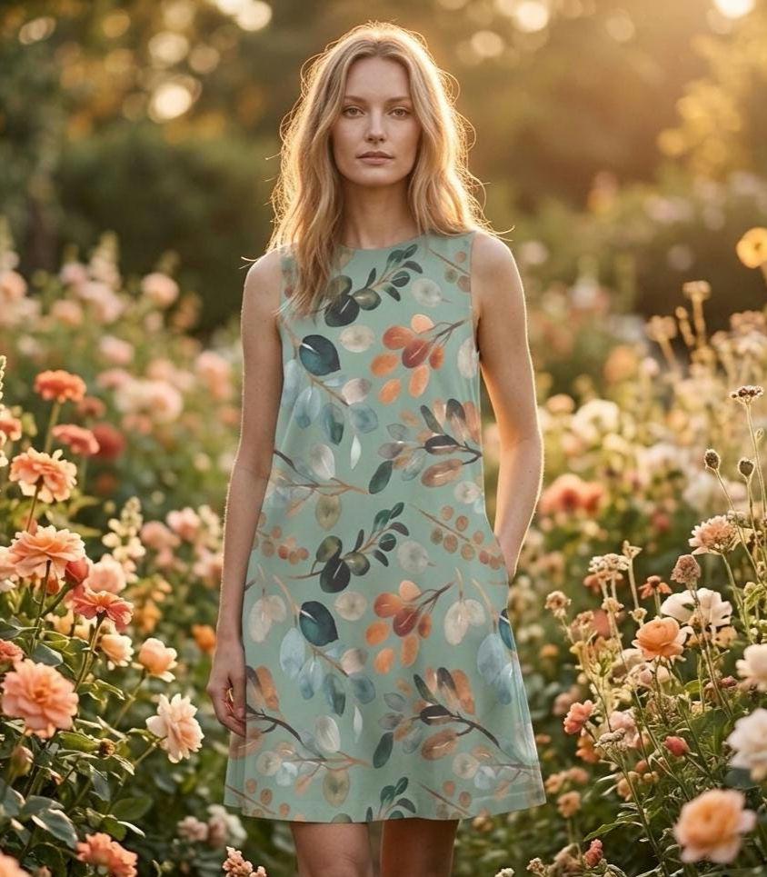 Sage Green Botanical A-Line Mini Dress | Watercolor Leaf Pocket Dress