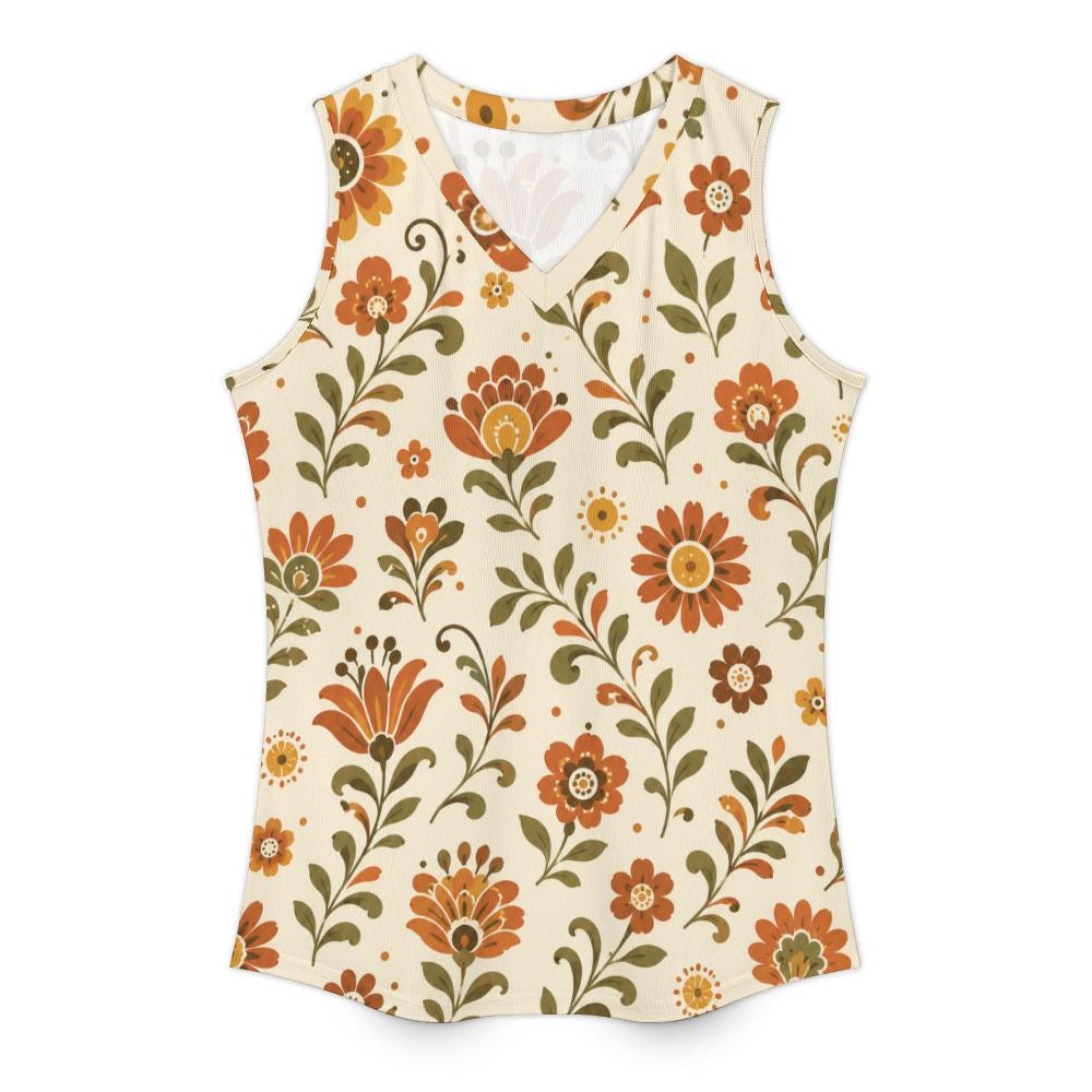 Retro Floral V-Neck Tank Top | 70s Boho Summer Blouse