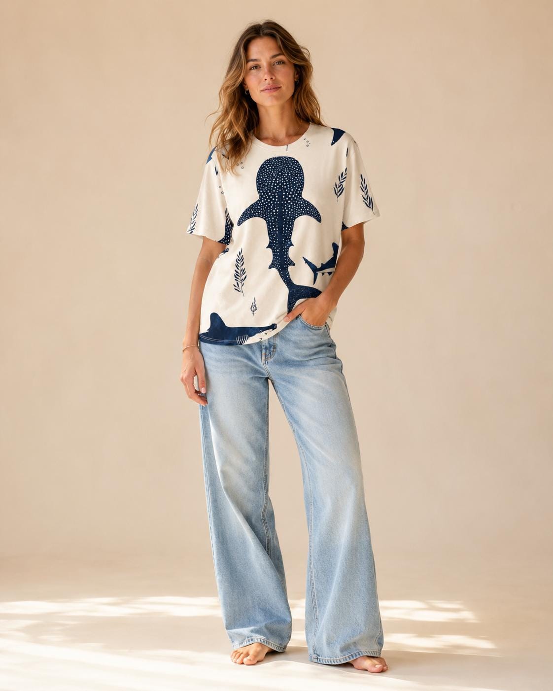 Whale Shark Cotton T-Shirt | Cream Coastal Ocean Graphic Tee