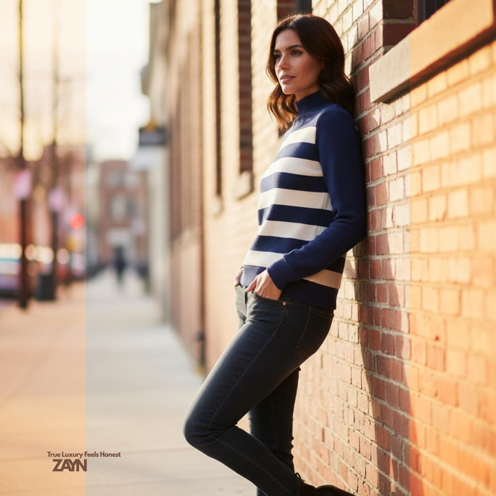 Navy Cream Striped Turtleneck Sweater | Quiet Luxury Winter Knit