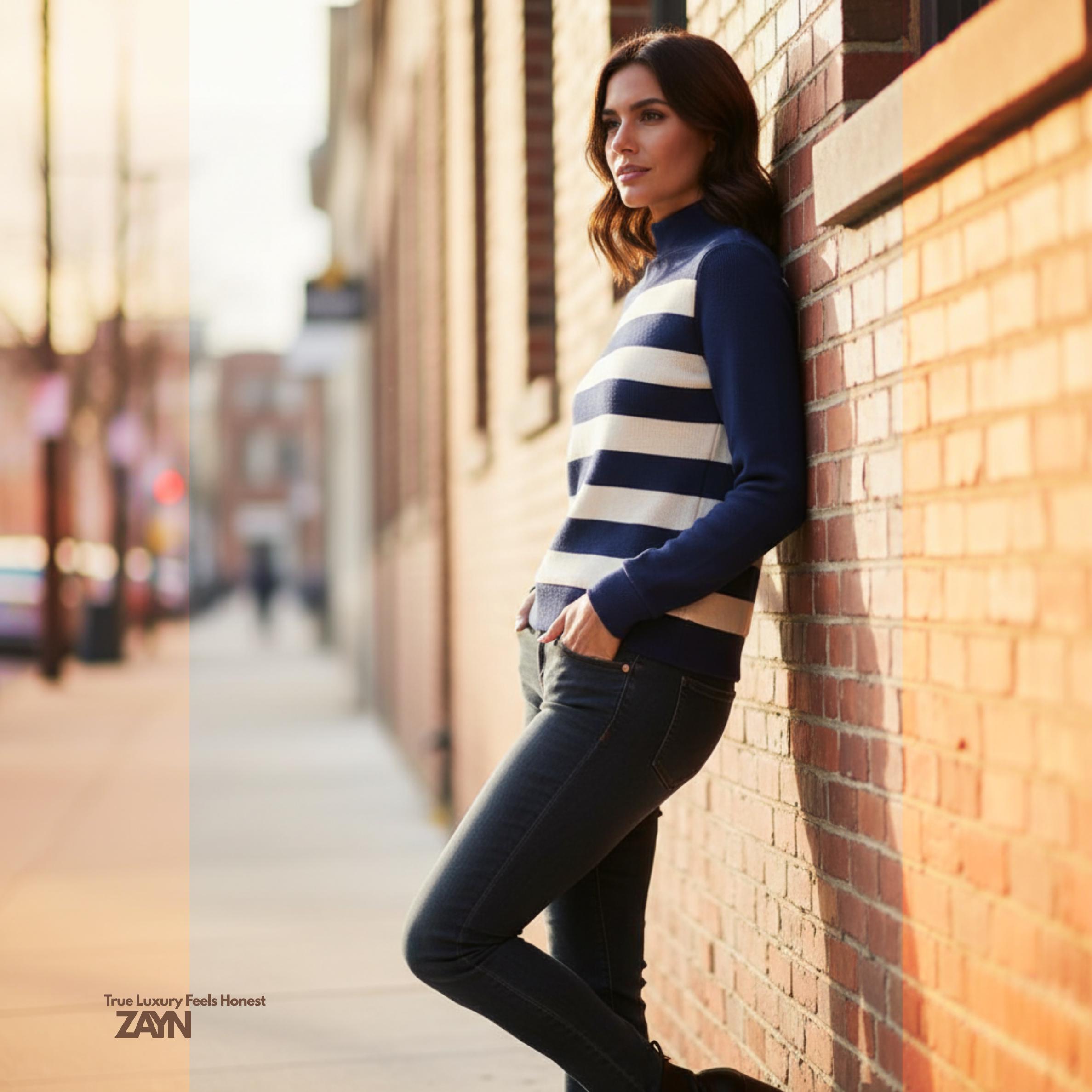 Navy Cream Striped Turtleneck Sweater | Quiet Luxury Winter Knit