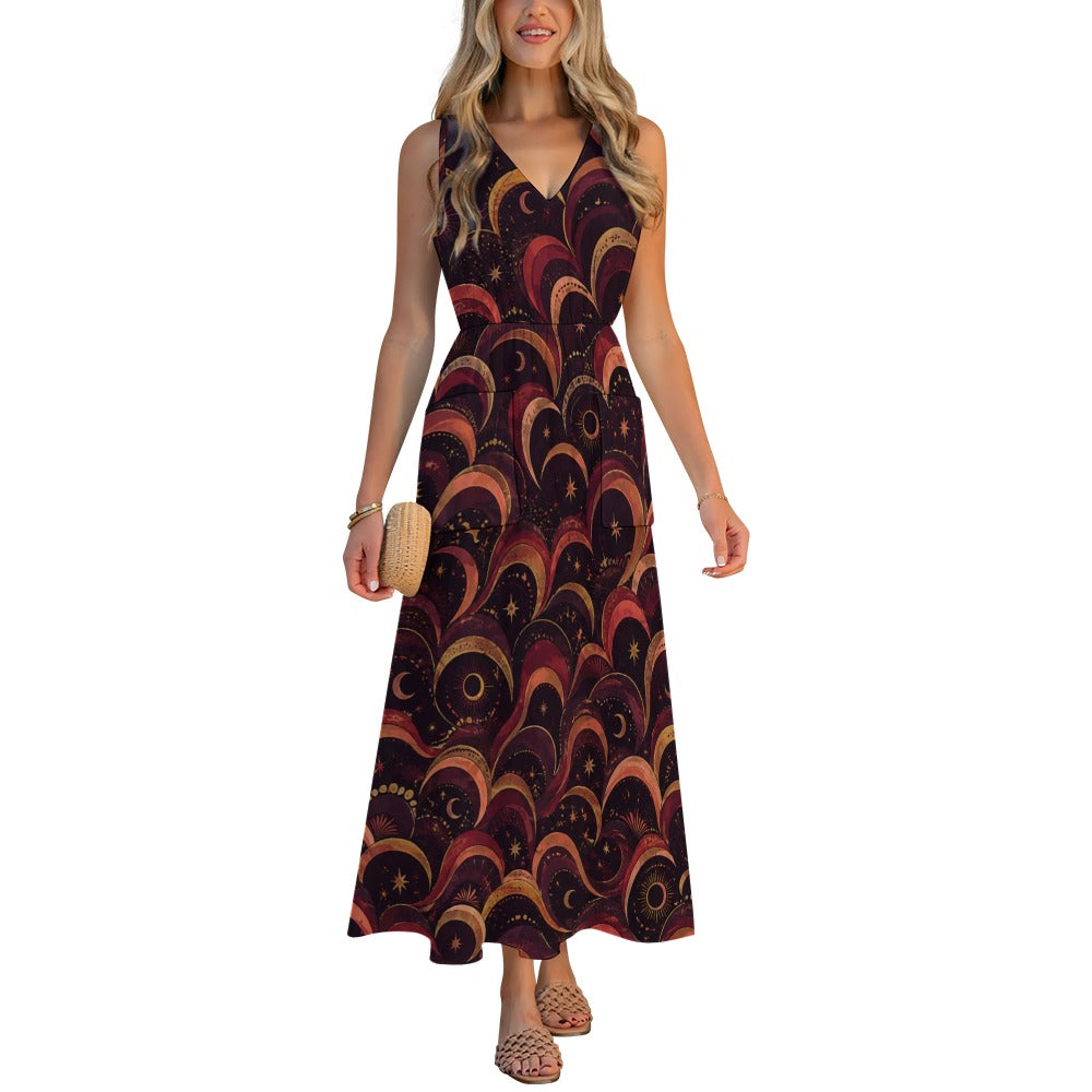 Burgundy Night Garden Maxi Dress with Pockets | V-Neck