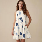 Blue Floral A-Line Mini Dress with Pockets | Scandinavian Summer Dress