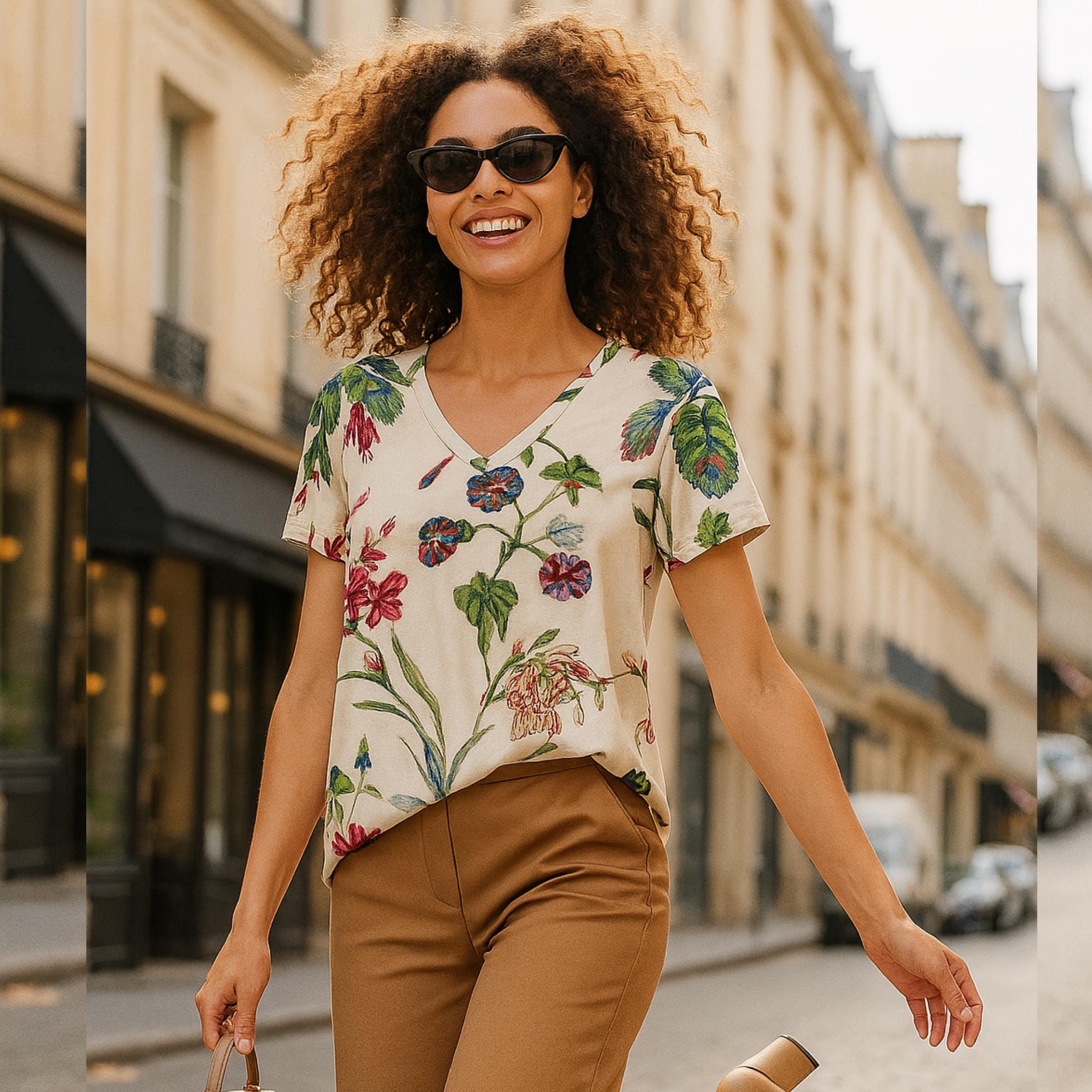 Boho Floral V-Neck Blouse | Lightweight Leaf Print Summer Top
