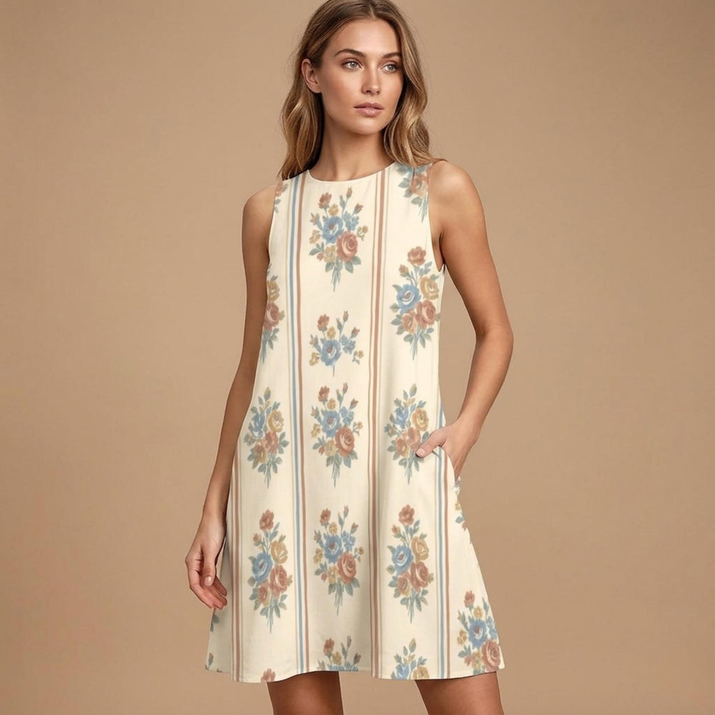 Retro Floral A-Line Mini Dress | Sleeveless Dress with Pockets