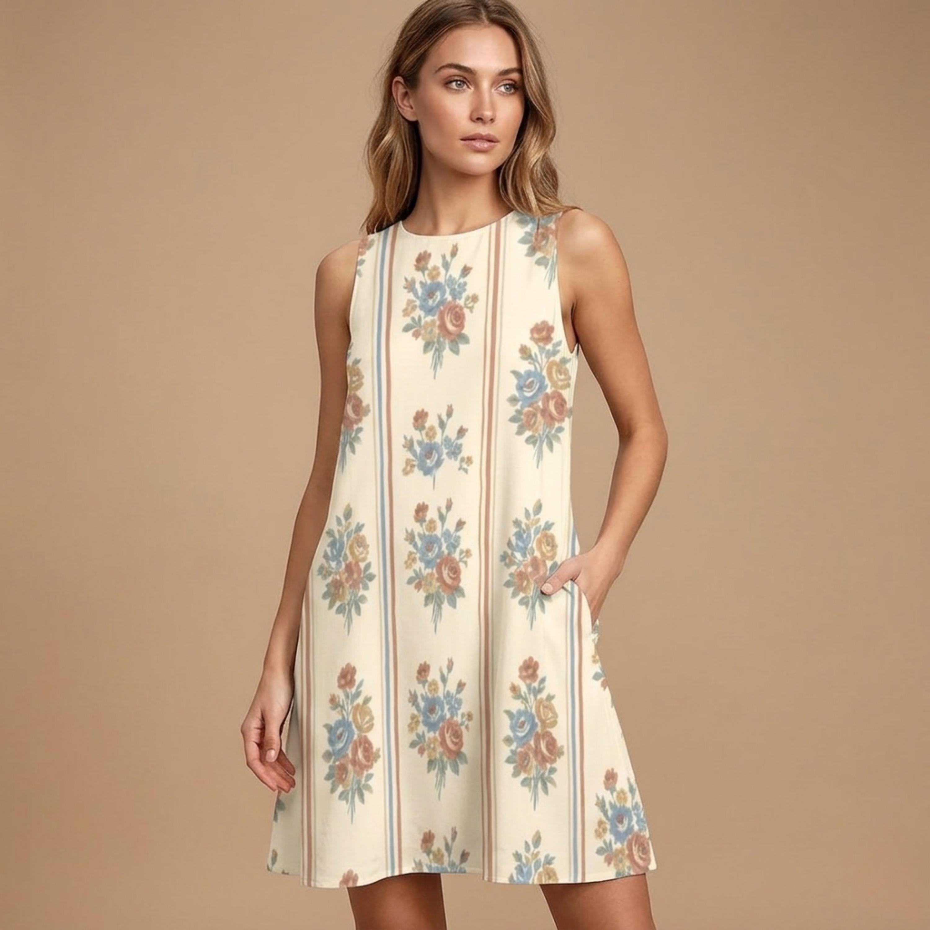 Retro Floral A-Line Mini Dress | Sleeveless Dress with Pockets