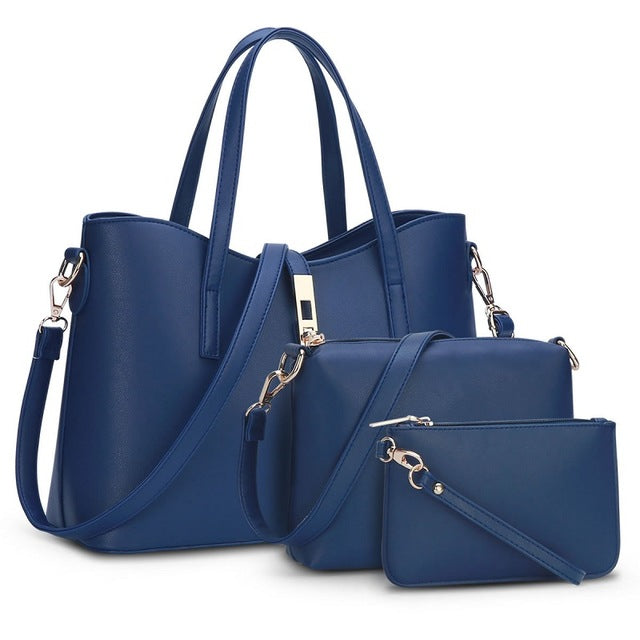 Women's three-piece PU handbag set with top-handle bag, crossbody and pouch