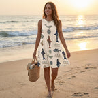 Coastal Whale Print A-Line Dress | Sleeveless Cruise Vacation Dress