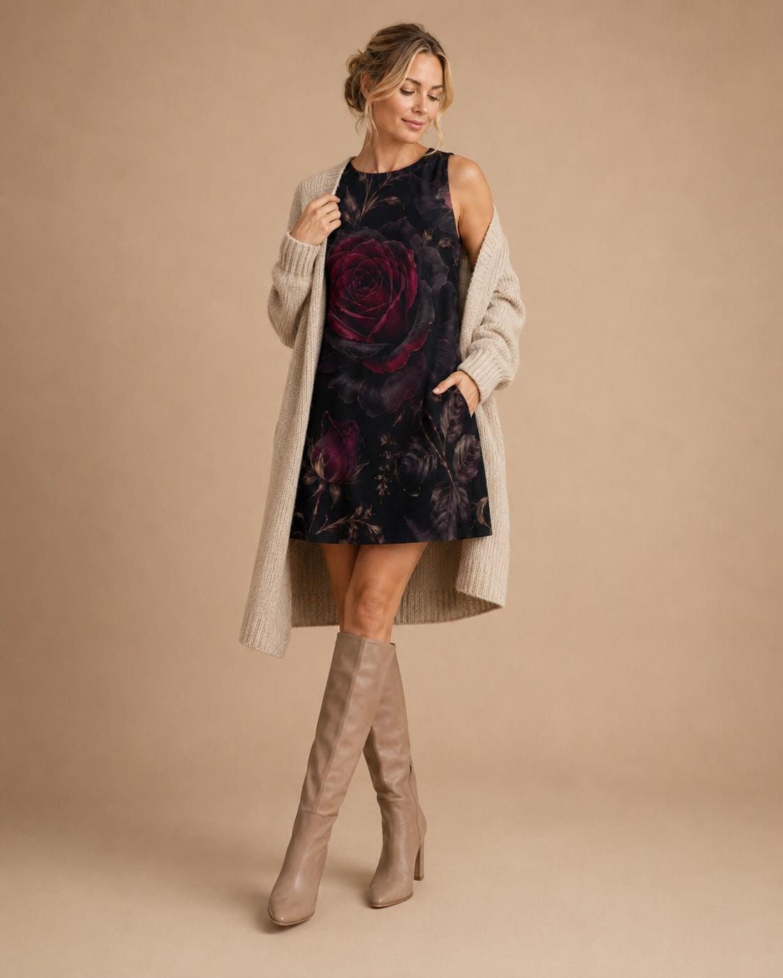 Gothic Rose Mini Dress | Dark Floral A-Line Pocket Dress