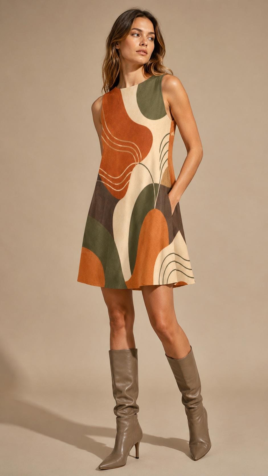 Earthy Abstract A-Line Mini Dress | Retro Coastal Pocket Dress
