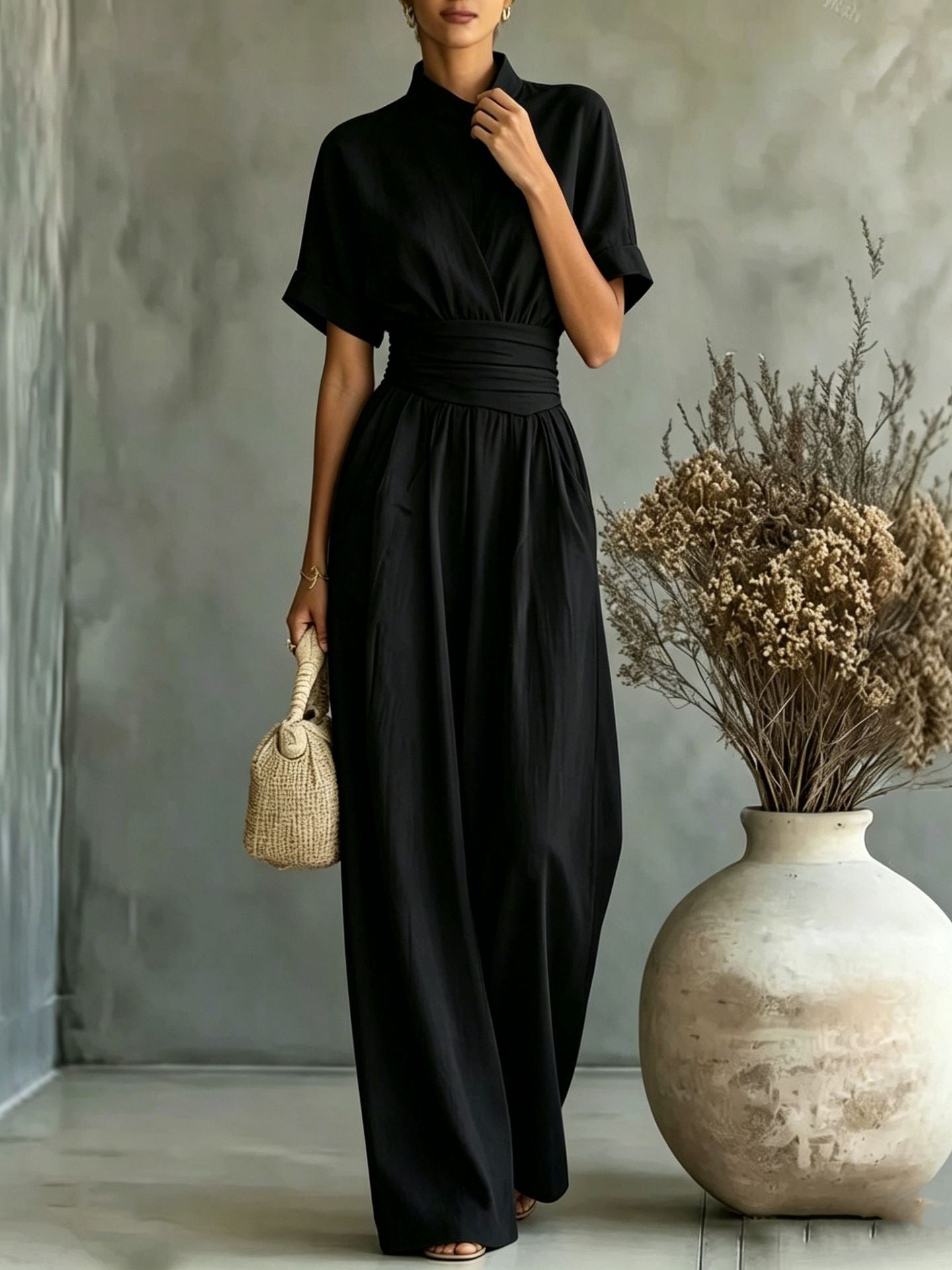 Sorrento High-Neck Wide-Leg Jumpsuit – Short-Sleeve One-Piece
