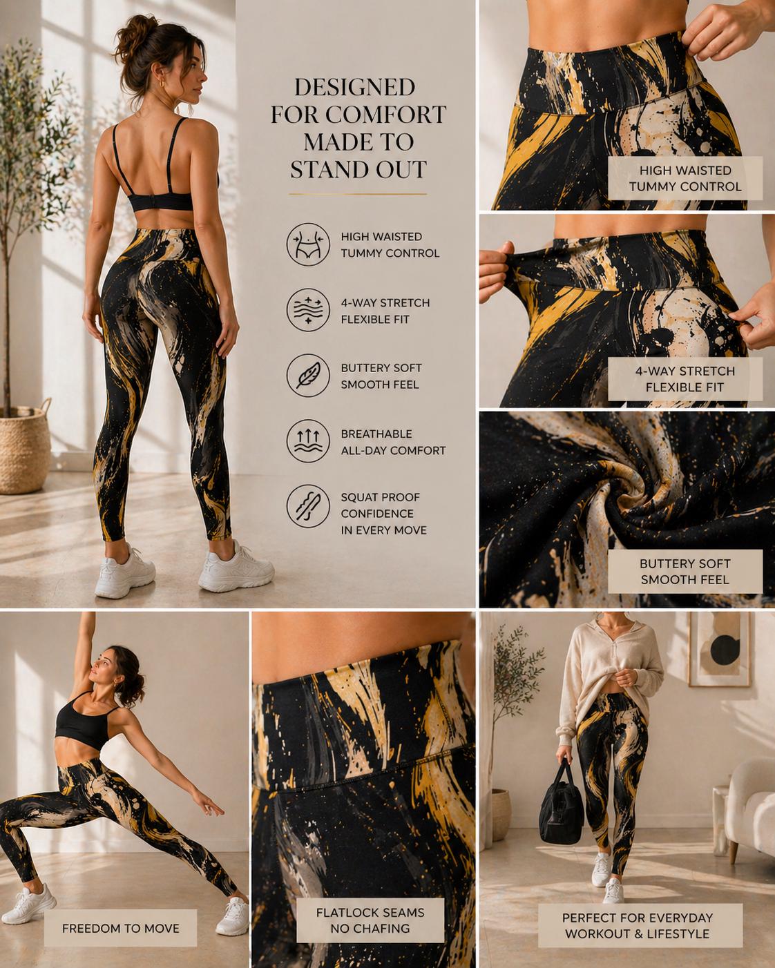 Black Gold Abstract Leggings | High Waist Yoga Pants