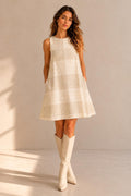 Scandinavian Gingham Resort Dress | Beige Coastal A-Line Pocket Dress