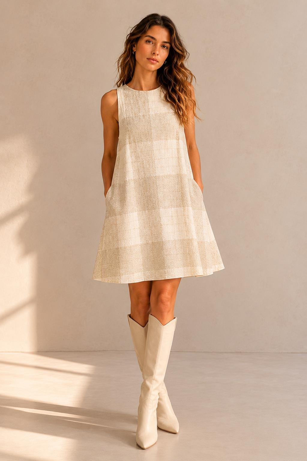 Scandinavian Gingham Resort Dress | Beige Coastal A-Line Pocket Dress