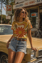 Retro Floral Cotton T-Shirt | 70s Boho Graphic Tee