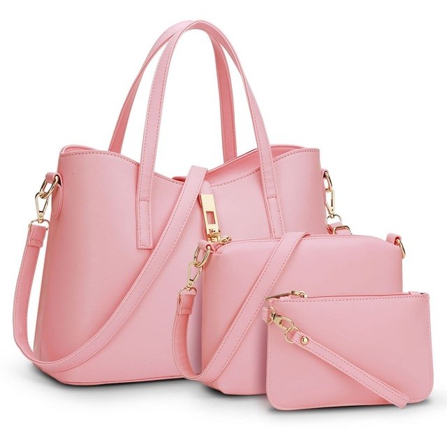 Women's three-piece PU handbag set with top-handle bag, crossbody and pouch