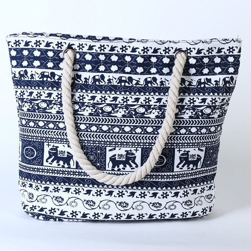 Women's blue elephant floral canvas shoulder tote bag