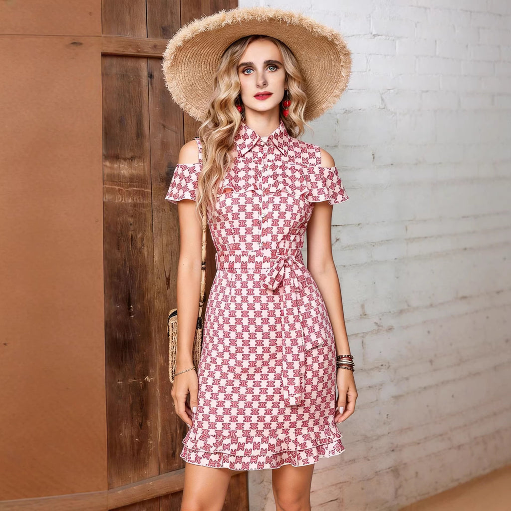 Pink Floral Short-Sleeve A-Line Midi Dress