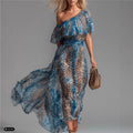 Peacock Blue Asymmetric-Neck Maxi Dress