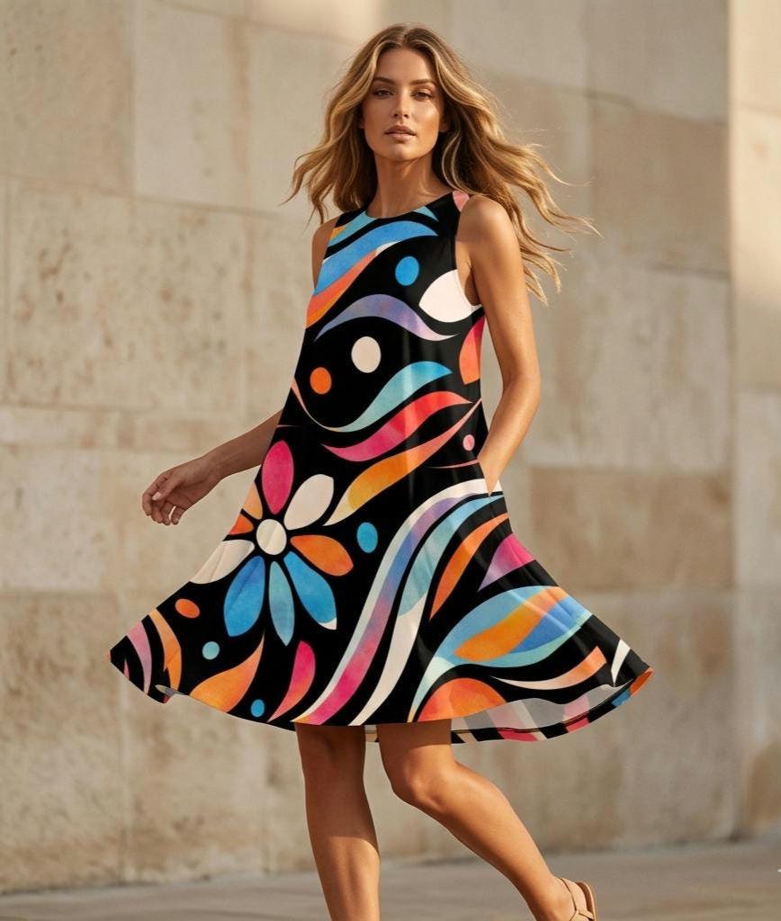 Colorful Retro A-Line Mini Dress | Sleeveless Vacation Dress with Pockets