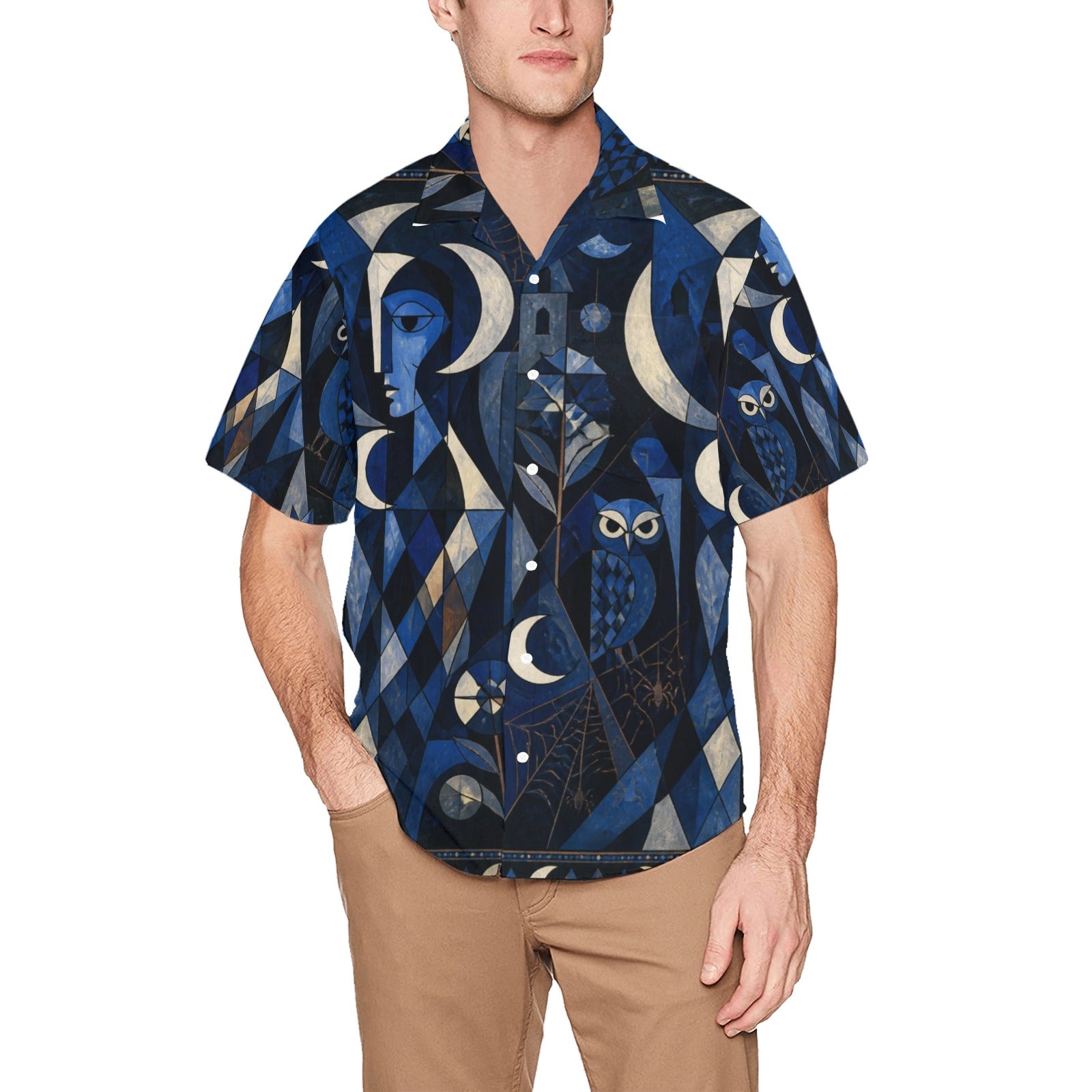 Men’s Celestial Moon Hawaiian Shirt | Navy Owl Camp Collar
