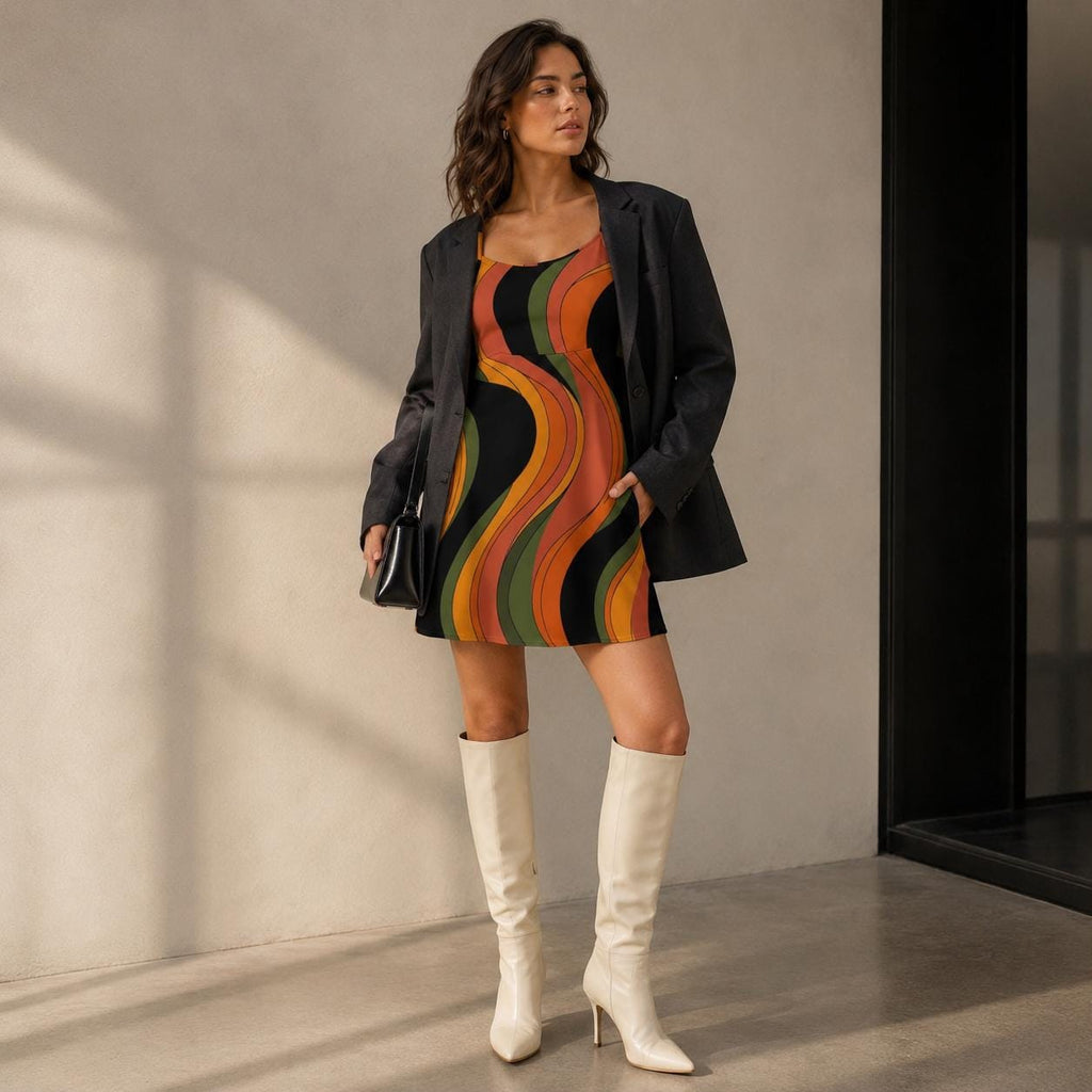 Retro Wave Mini Dress | 70s Spaghetti Strap Resort Dress