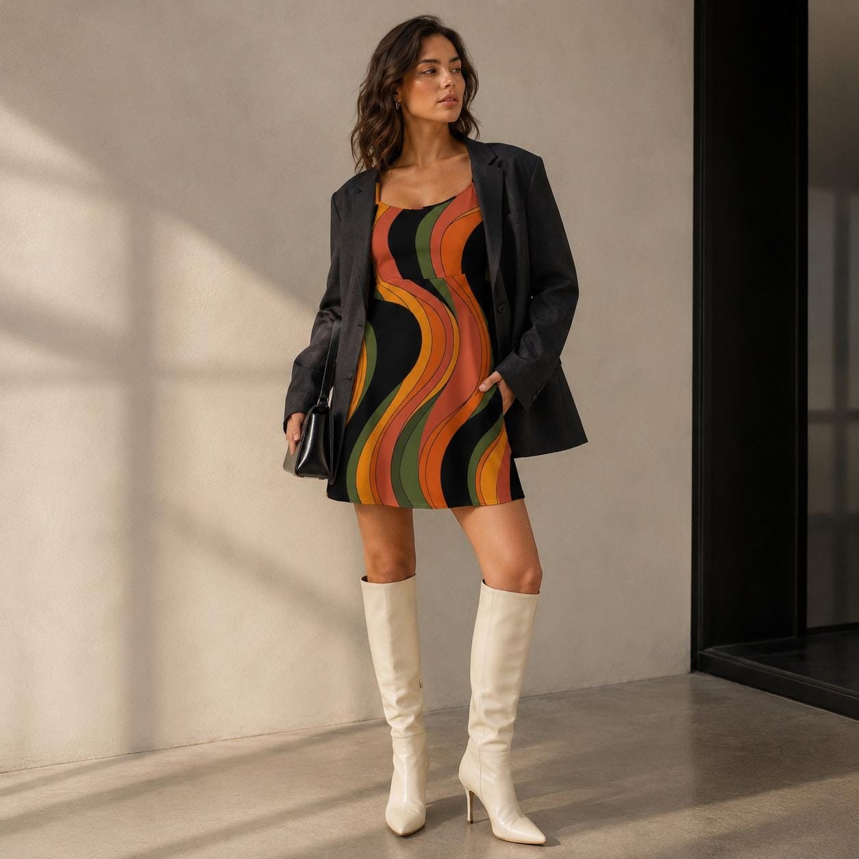 Retro Wave Mini Dress | 70s Spaghetti Strap Resort Dress