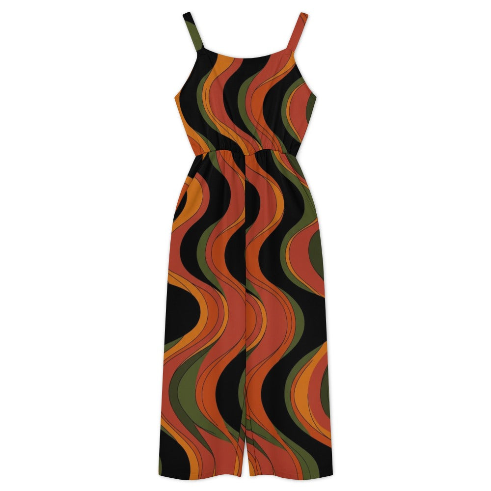 Retro Wave Wide-Leg Jumpsuit with Pockets | 70s Black Terracotta