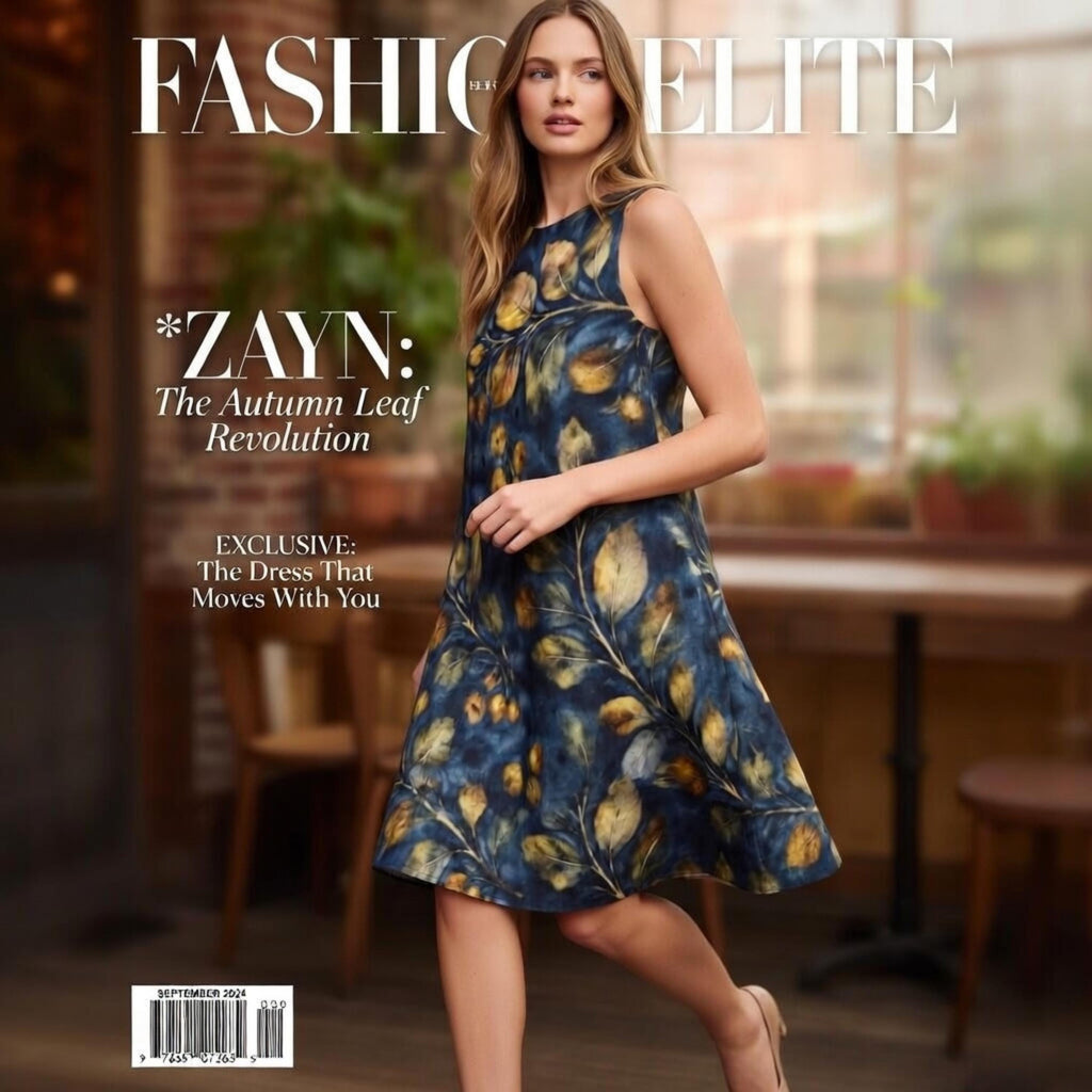 Navy Botanical A-Line Mini Dress | Blue Watercolor Leaf Pocket Dress