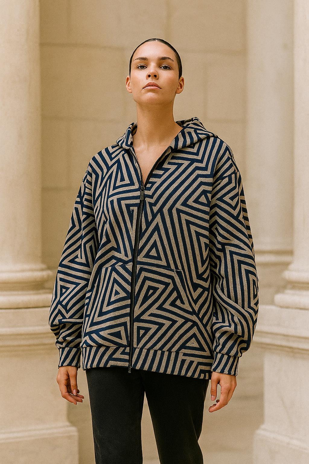 Navy Geometric Maze Zip Hoodie | Abstract Quiet Luxury Streetwear