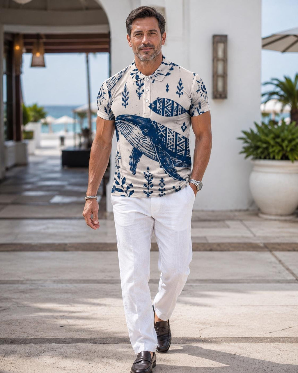 Men’s Whale Print Polo Shirt | Nautical Coastal Resort Top