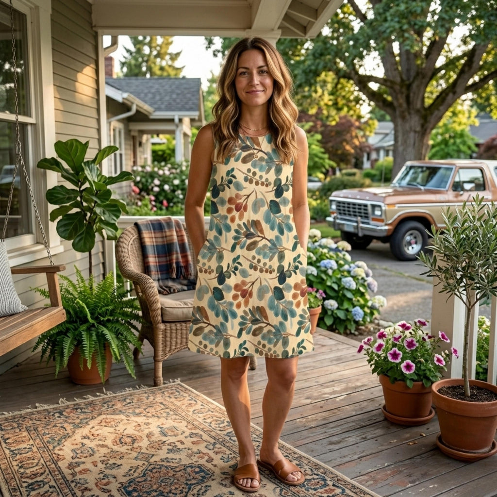 Boho Botanical A-Line Mini Dress | Sleeveless Summer Pocket Dress