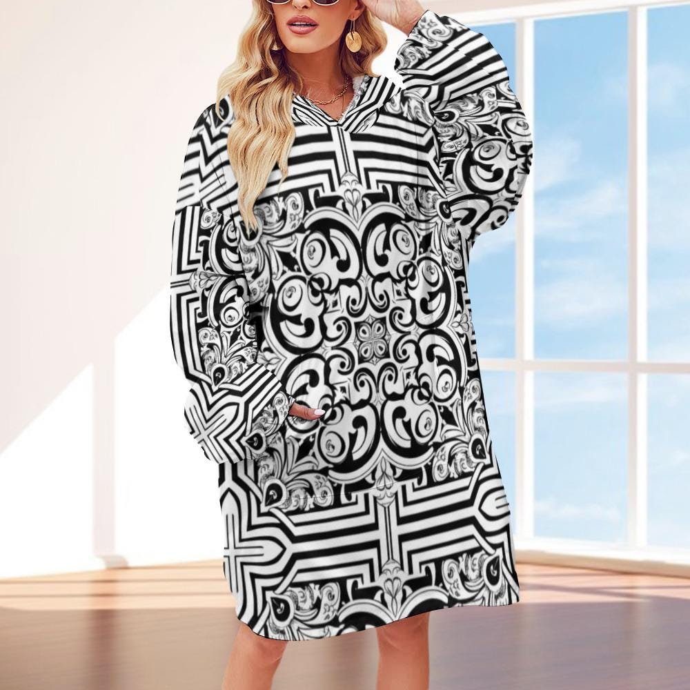 Baroque Hoodie Blanket | Black White Geometric Loungewear