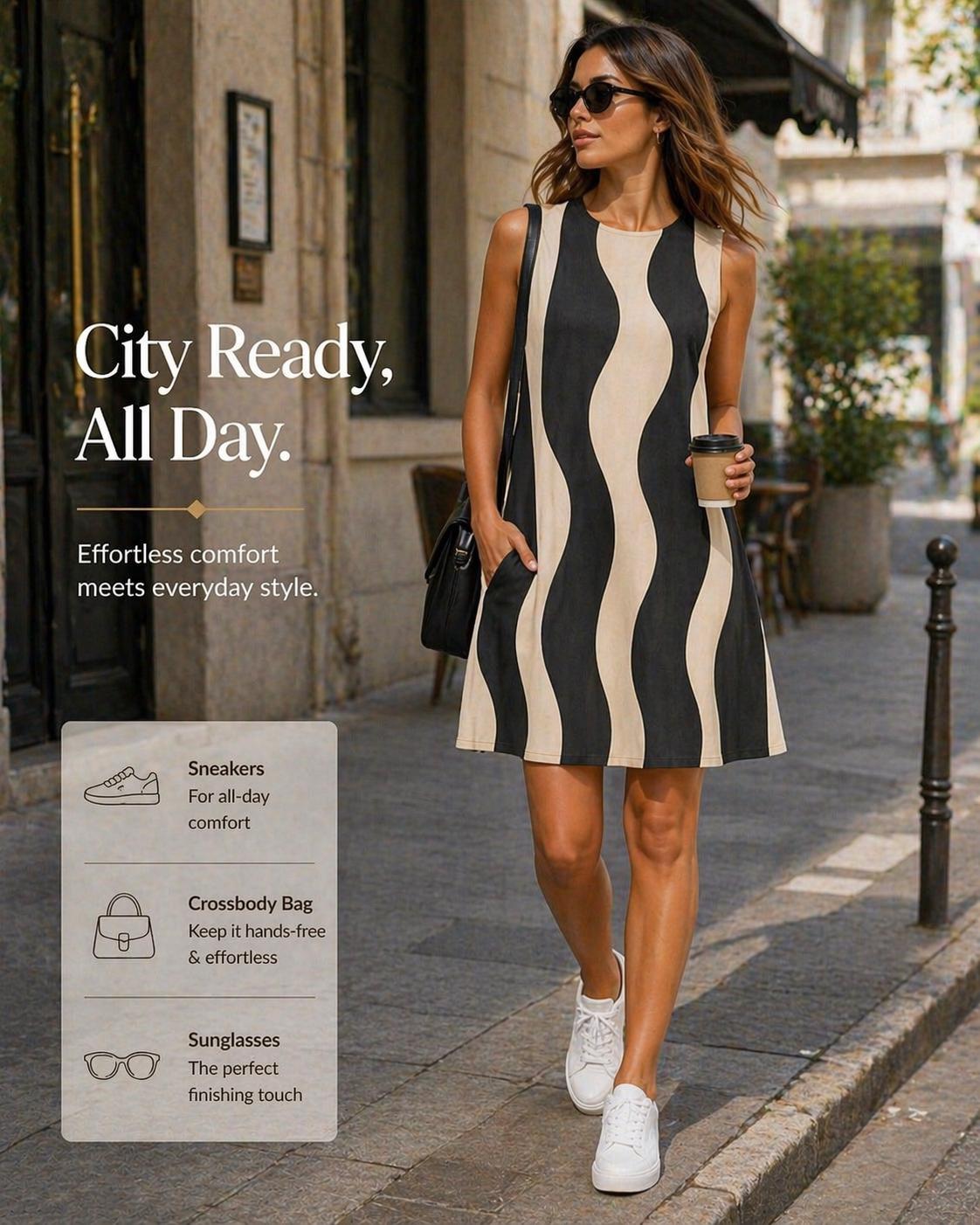 Minimalist Wave A-Line Midi Dress | Black Beige Pocket Occasion Dress