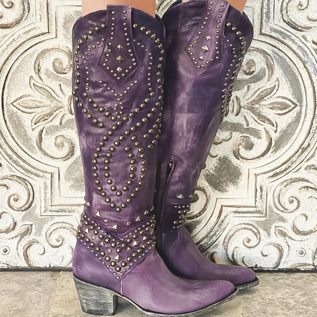 Riveted side-zip knee-high boots
