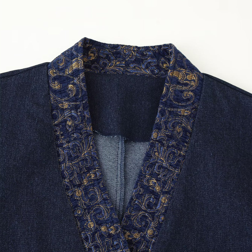 Women's long-sleeve polyester denim-effect kimono jacket