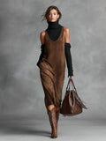 Brown Long-Sleeve Shirt-Collar Dress