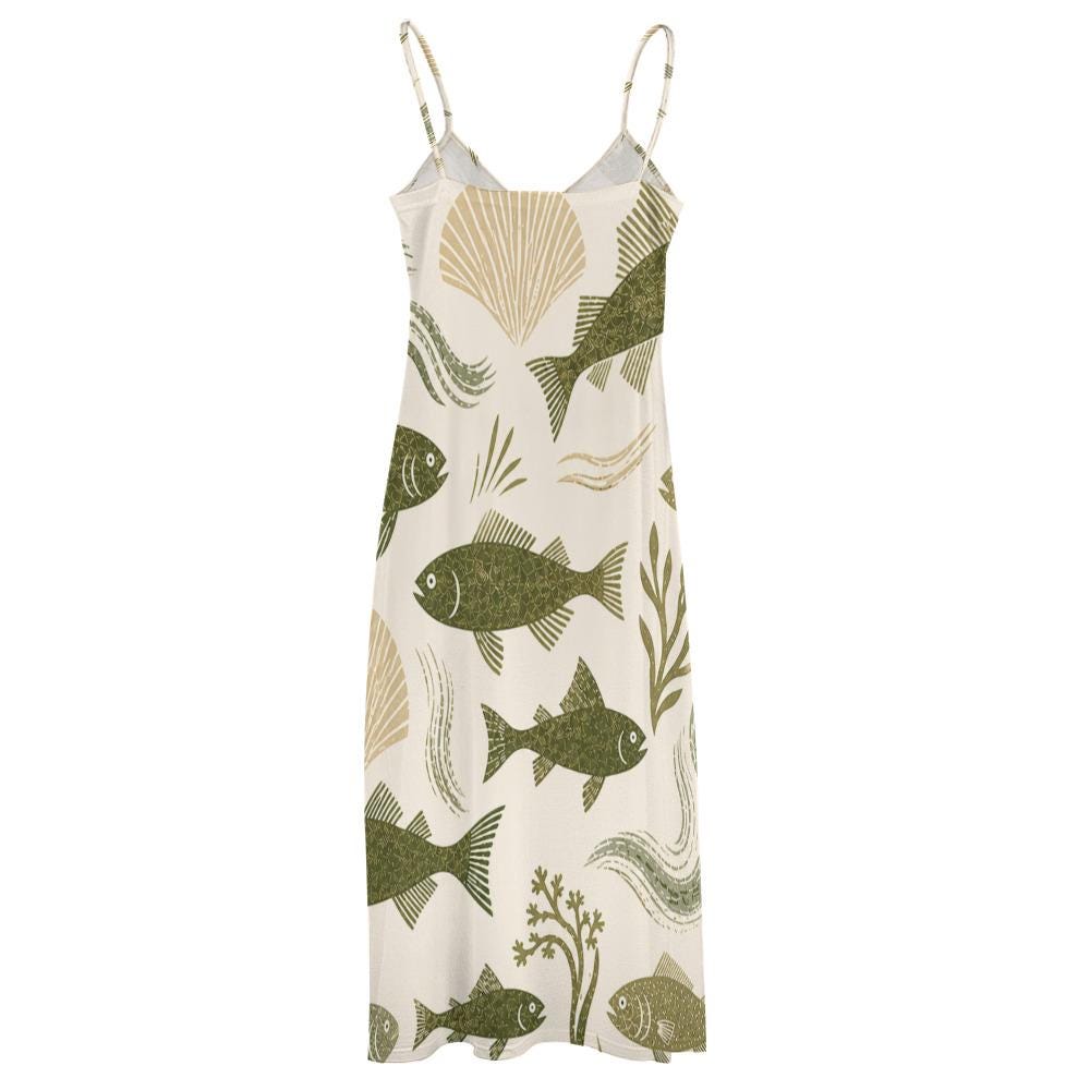 Coastal Fish Print Maxi Dress | Elegant Mediterranean Resort Dress