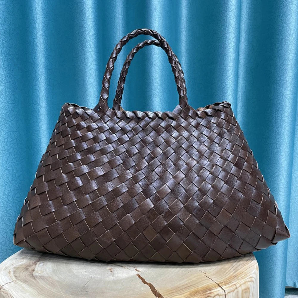 Women's woven cowhide leather tote bag in small or large size