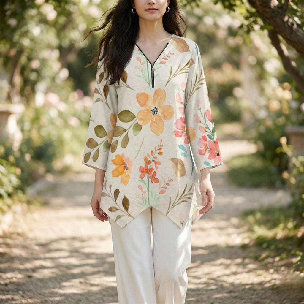 Soft Floral V-Neck Tunic | Watercolor Irregular Hem Top