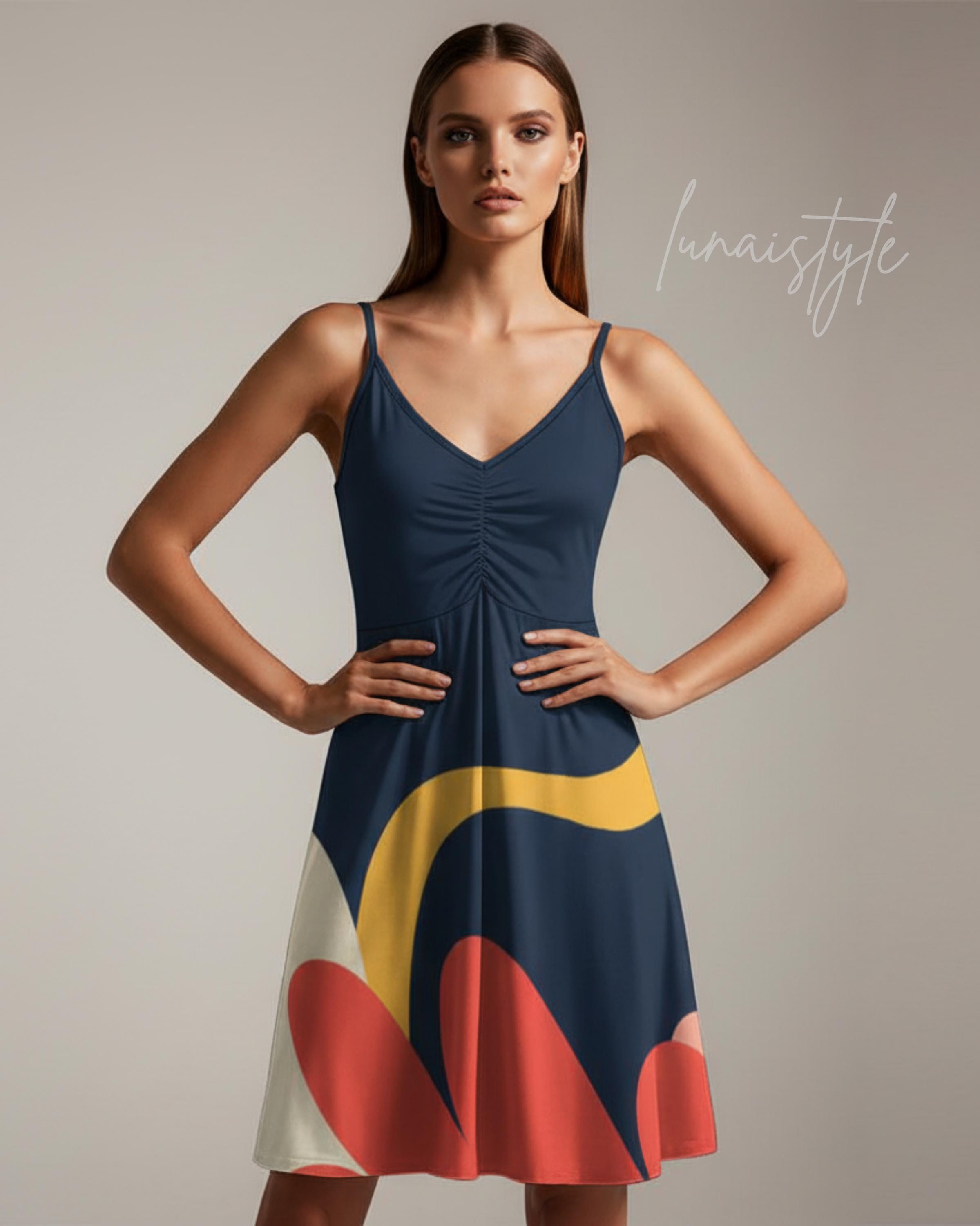 Abstract Midi Slip Dress | Retro Artistic Resort Dress