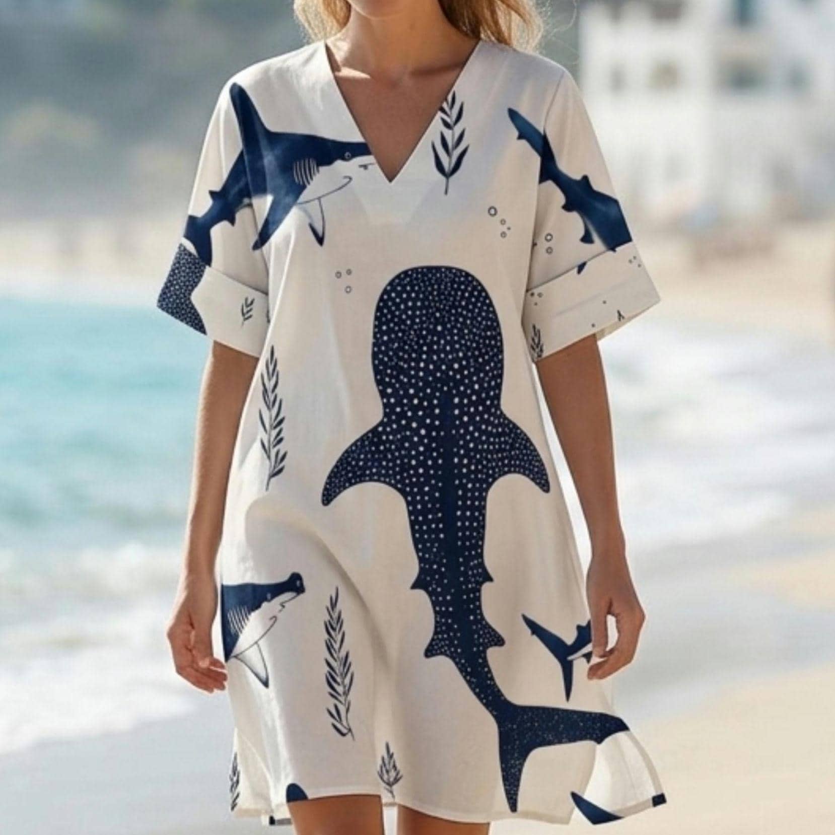 Whale Shark Tunic Dress | Ocean V-Neck Beachwear Dress