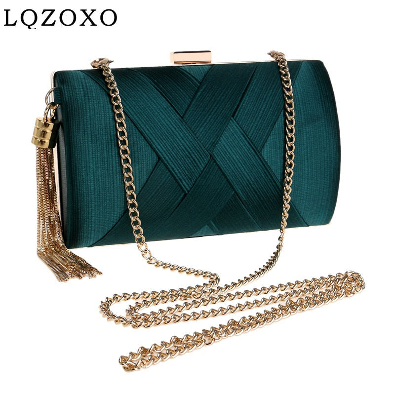 Women's mini tassel chain evening clutch in green, gold, black or silver