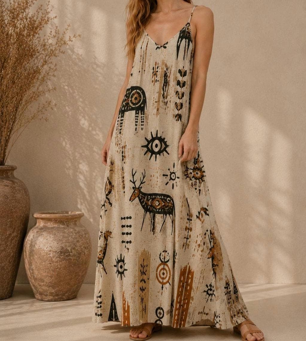 Tribal Art Maxi Dress | Earth Tone Boho Resort Sundress