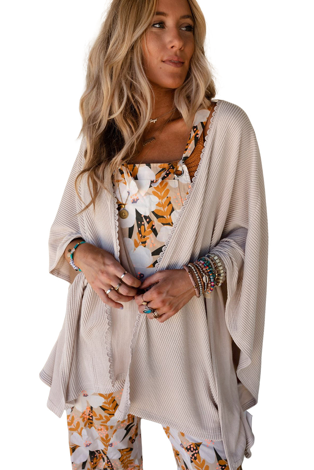 Women's Lace-Trim Ribbed Kimono Cardigan – Black or Apricot