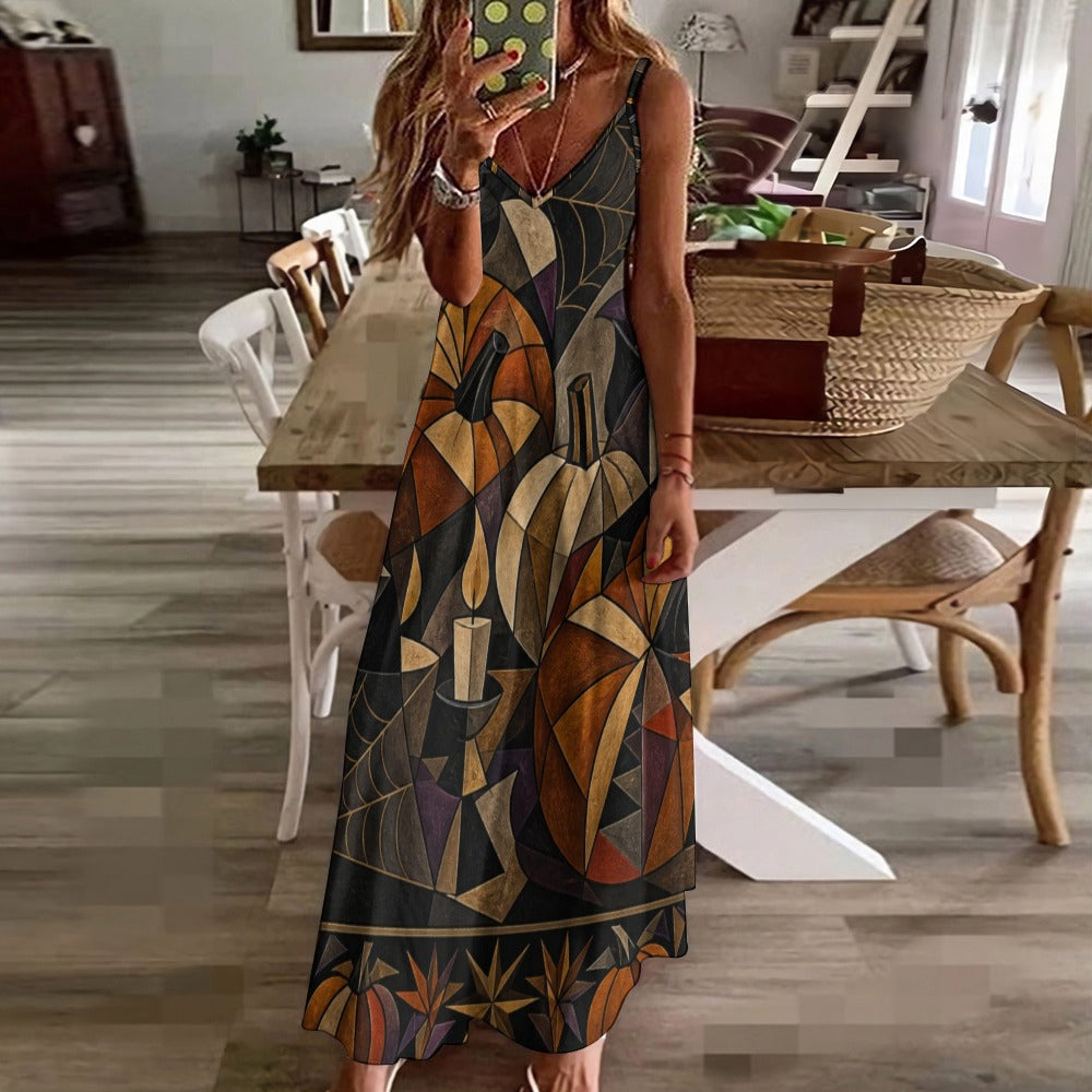 Gothic Symbolic Slip Maxi Dress | Dark Art Spaghetti Strap Dress
