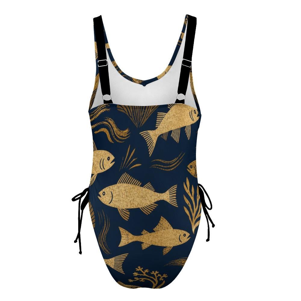 Navy Gold Fish One-Piece Swimsuit | Nautical Resort Swimwear
