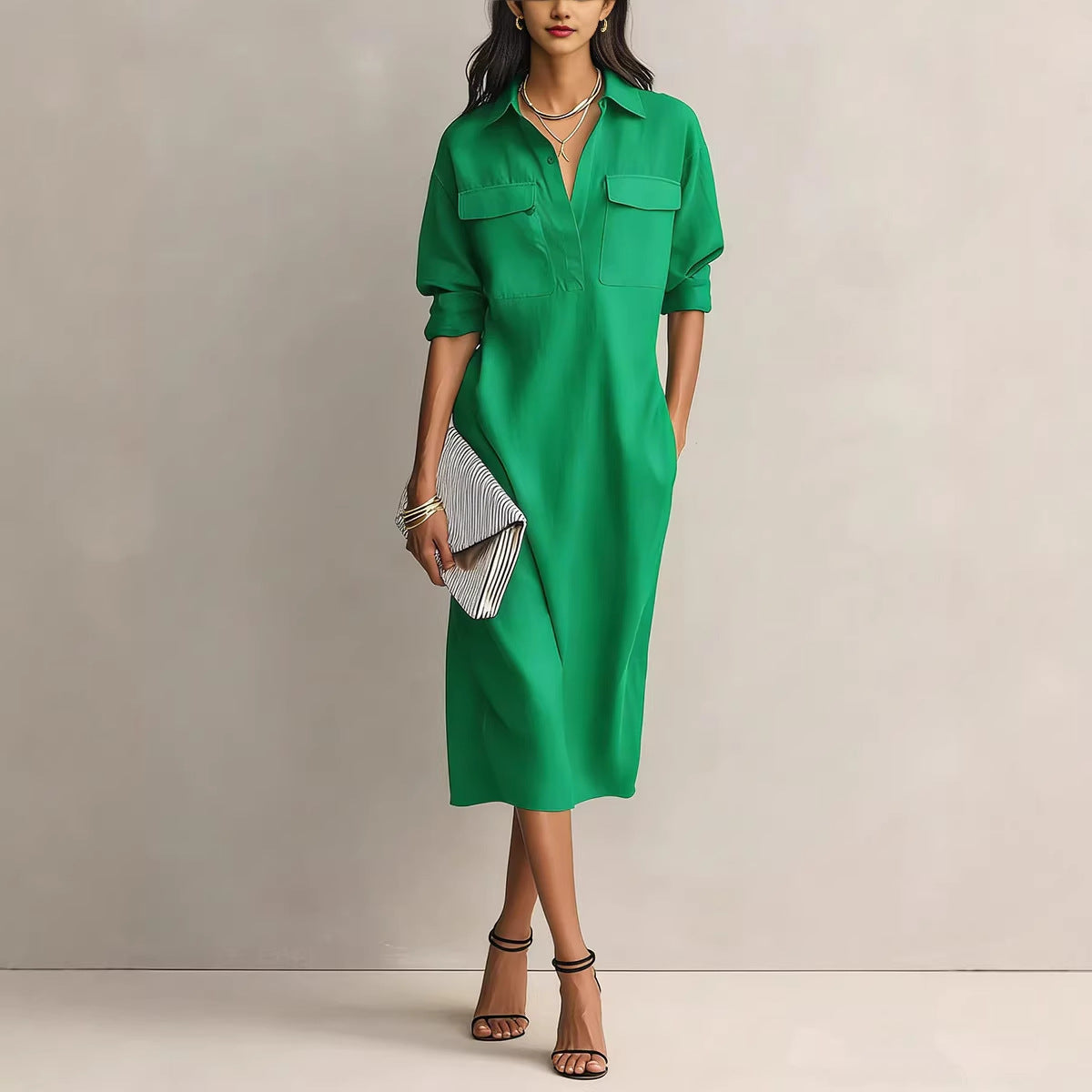 Shirt-Collar Short-Sleeve Midi Dress